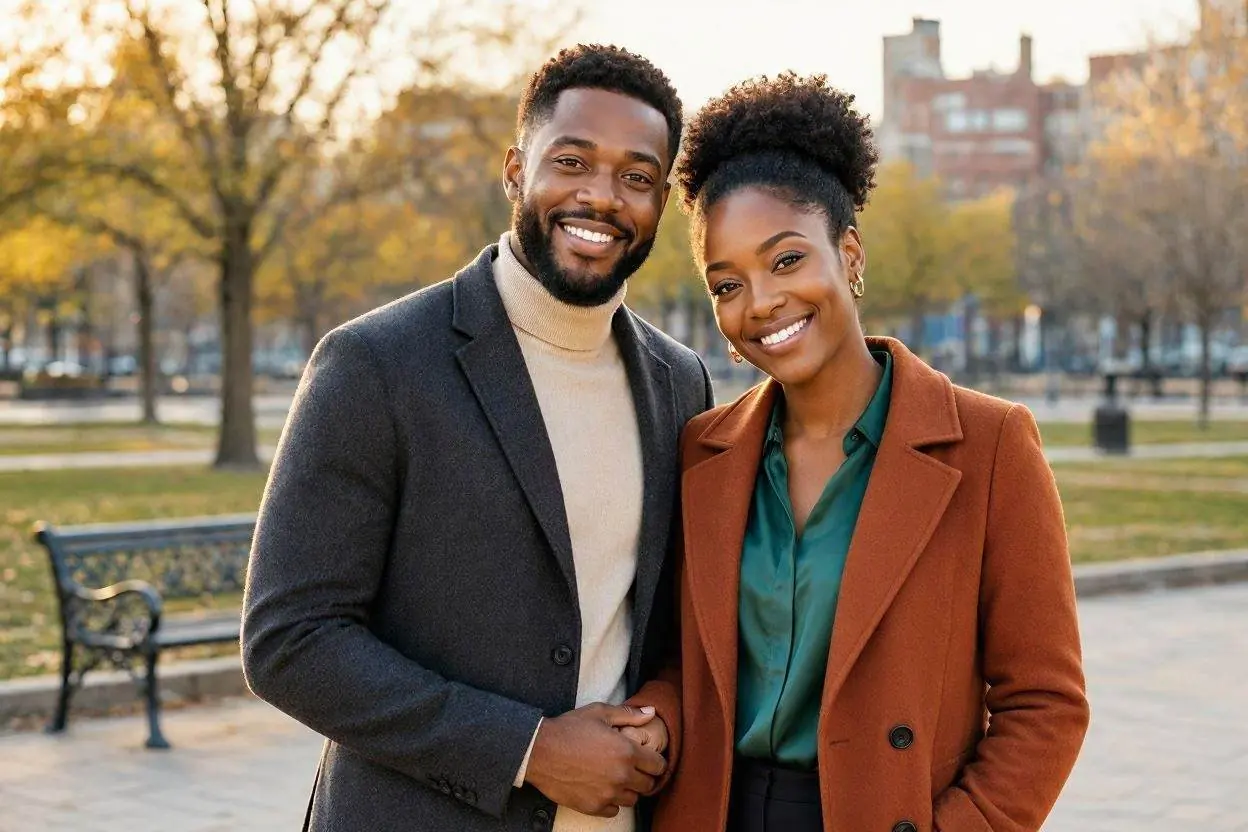 Illustrative Black couple smiling together in a city park
